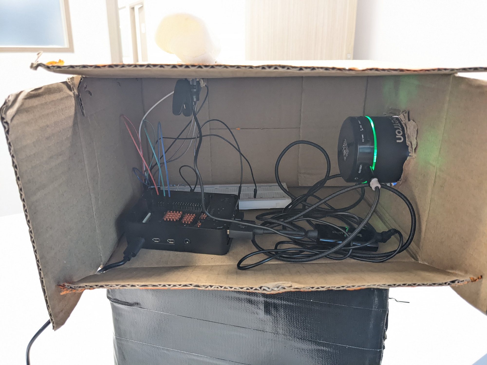 Electronics inside the cardboard Fear Exchange prototype