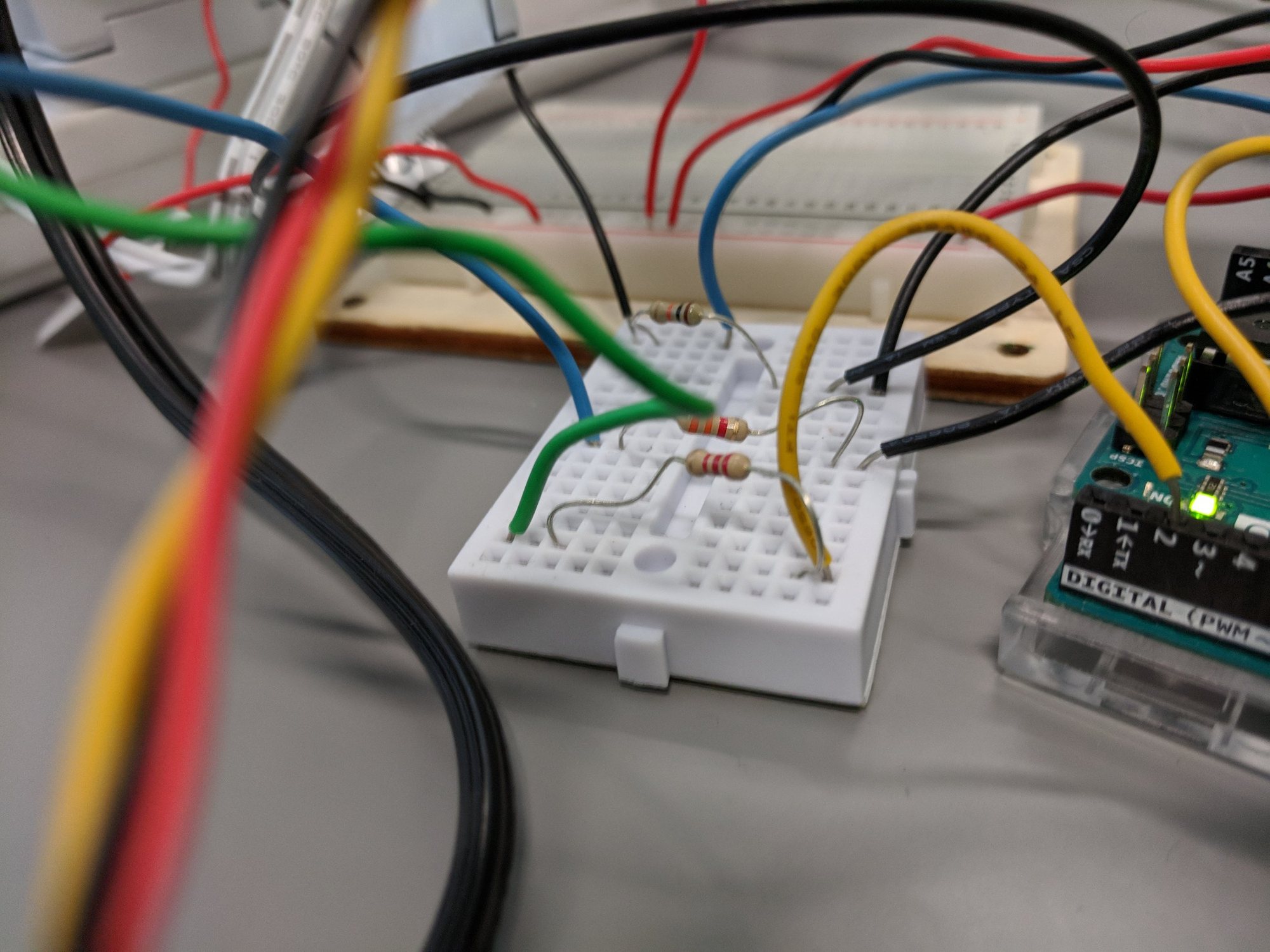 Breadboard and Arduino wiring for the marble-run sensors