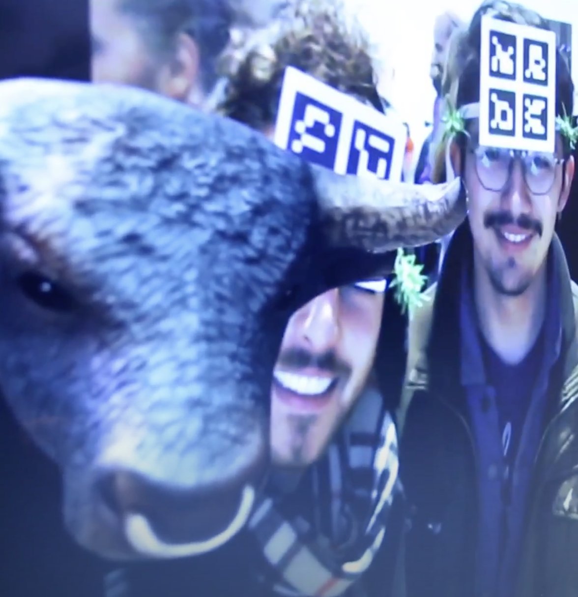 Mount of Olympus: two people wearing marker headbands, augmented with a bull's head