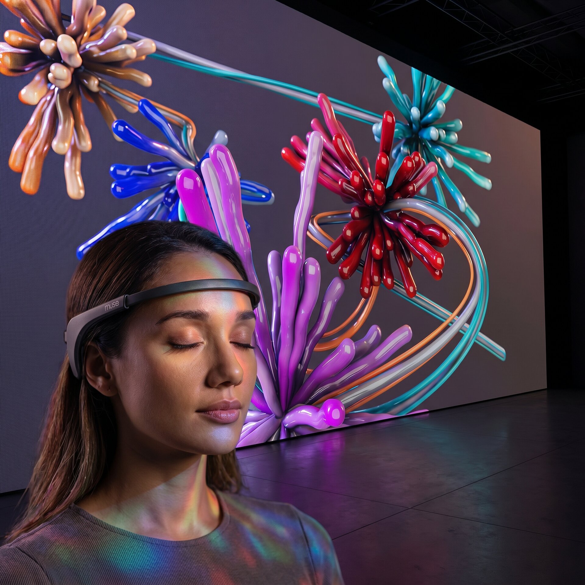 Woman wearing an EEG headband in front of a large screen of 3D brainwave sculptures, Logitech MX Mind Gallery