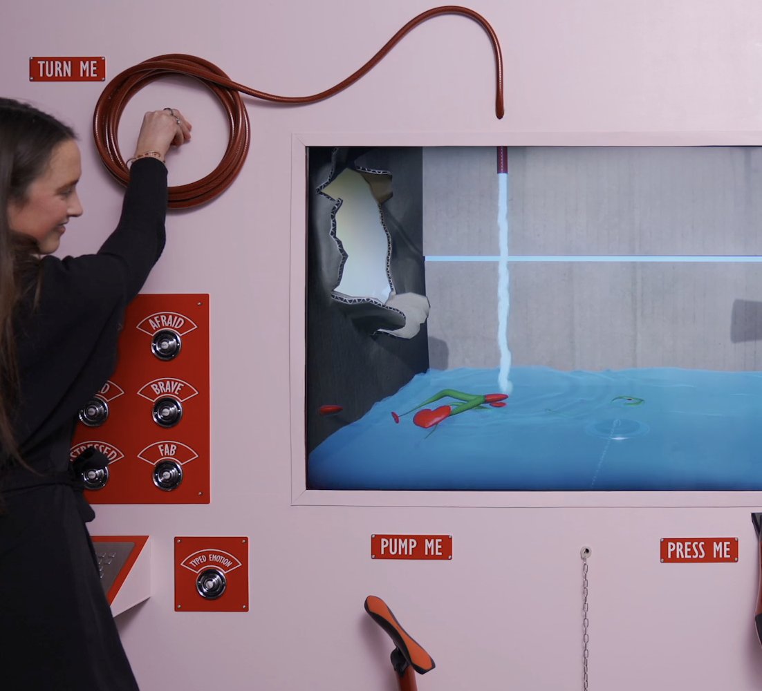 Emotional Emergency Kit: participant turning a hose that fills the on-screen pool