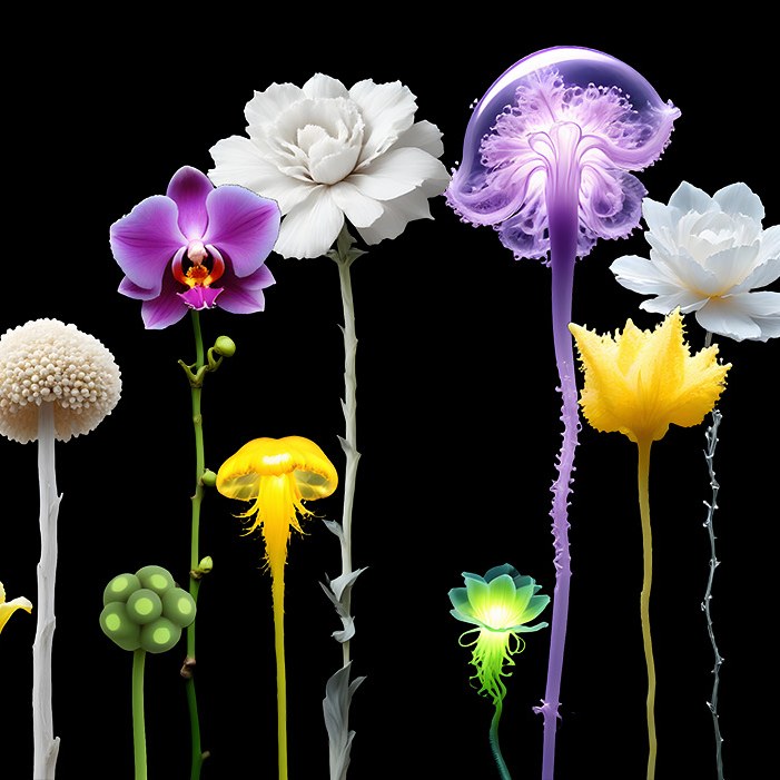 Brainwave Flower Bloom: imaginary AI-generated flowers in purple, white, green and yellow, grown from visitors' brainwaves