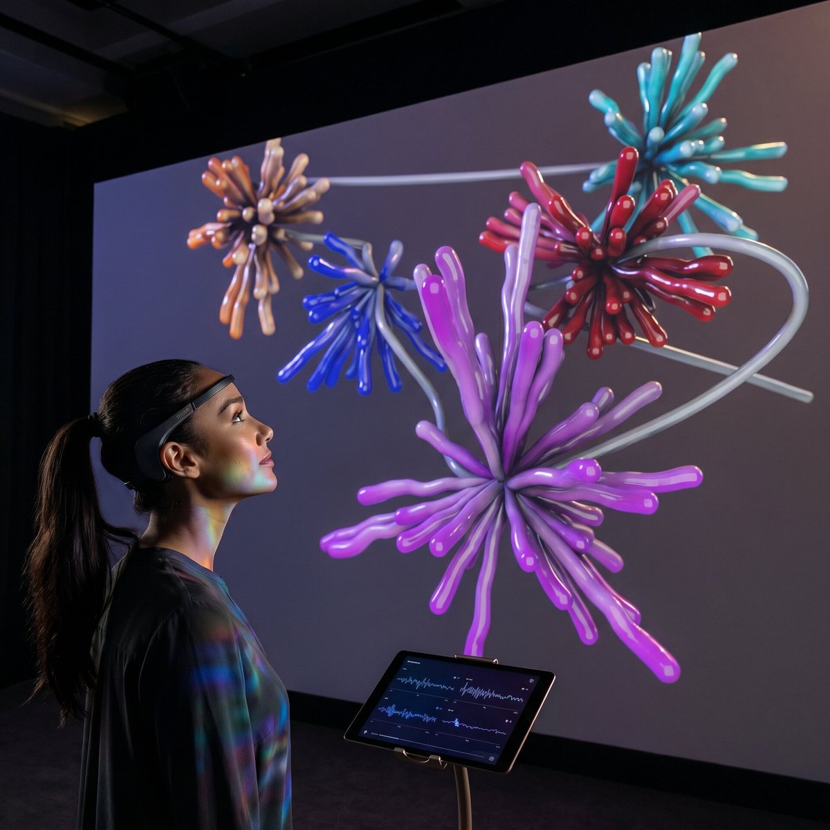 Visitor wearing an EEG headband watching her brainwaves become 3D sculptures on a large screen, Logitech MX Mind Gallery