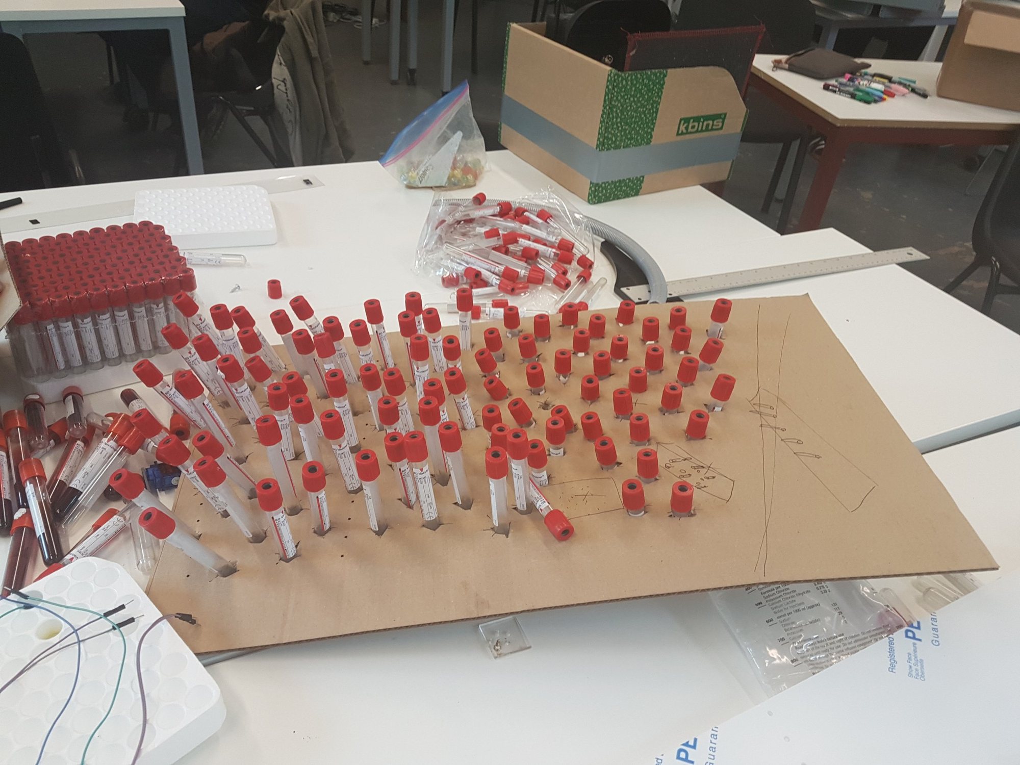 Rows of blood sample tubes arranged as a marble-run section